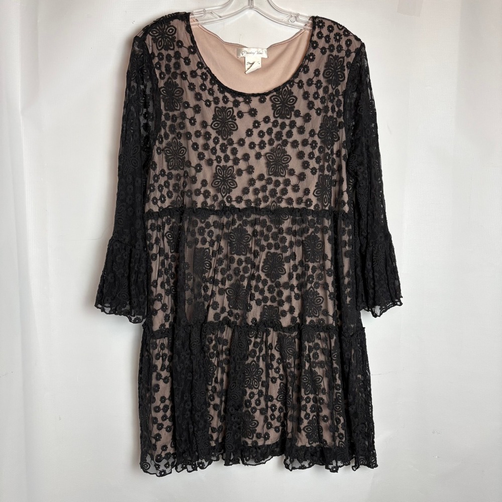 Paisley Vine Womens 1XL Black Floral Lace Tiered Bell Sleeve Mini Dress Romance